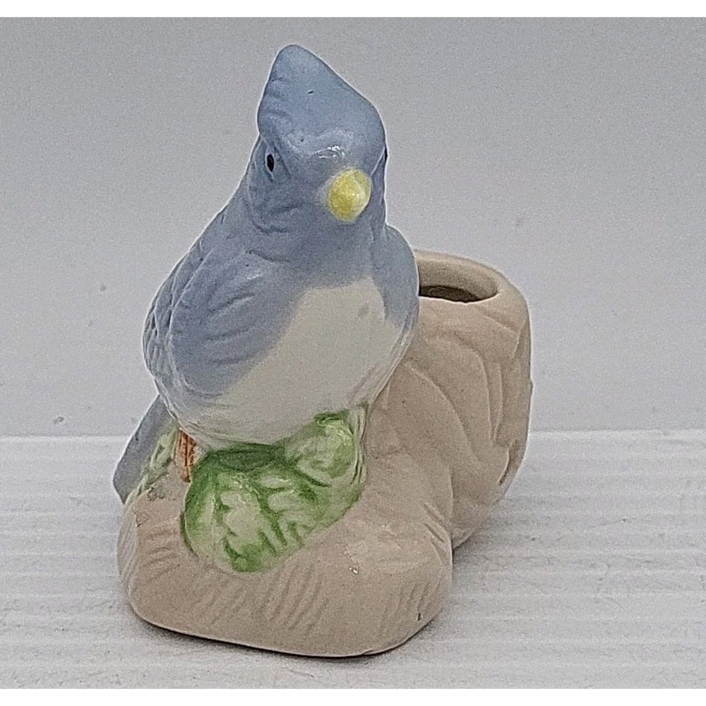 Blue Bird Toothpick Holder Pottery Ceramic Figurine Small Blue Jay Nest
